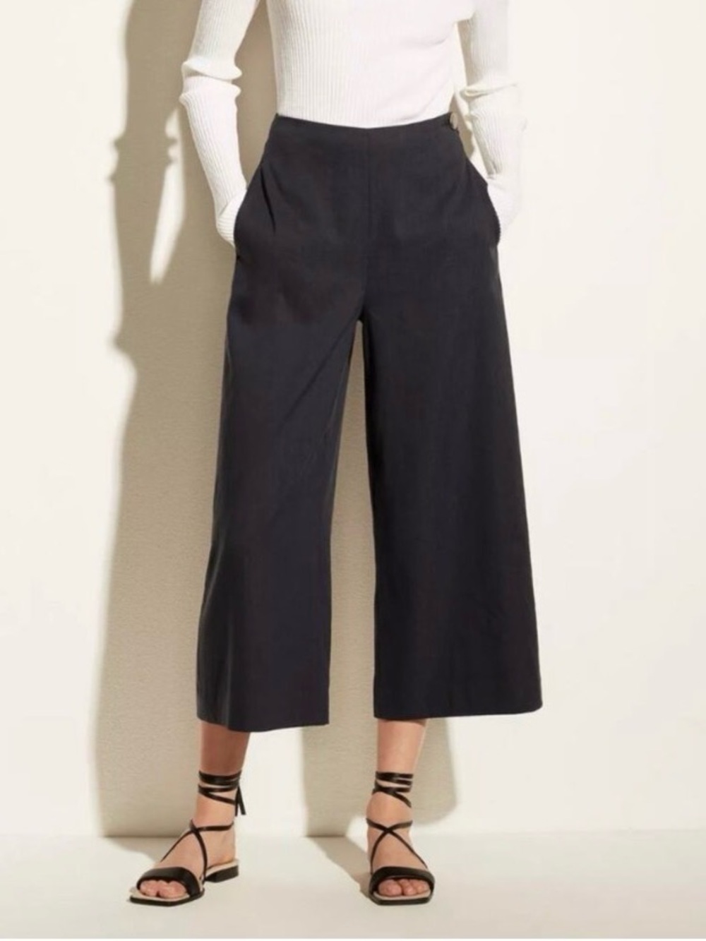 Vince Women’s Black Linen Blend Wide Leg Lined Cropped Minimalist Pants Size 10
